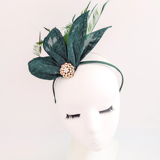 Dark emerald green feather petal fan fascinator hat House of Hats