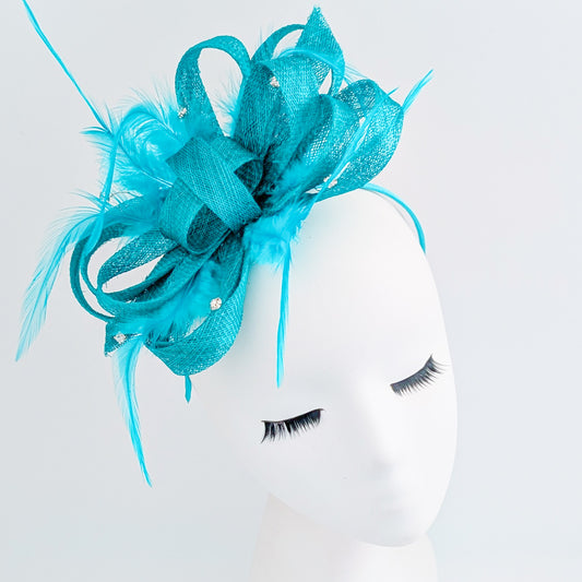 Dark aqua blue crystal feather fascinator hat