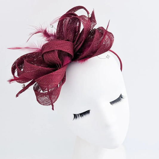 Burgundy crystal feather fascinator hat House of Hats