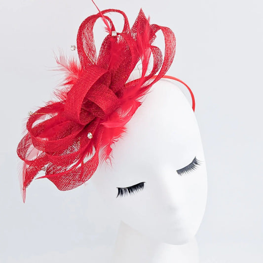 Red crystal feather fascinator hat House of Hats