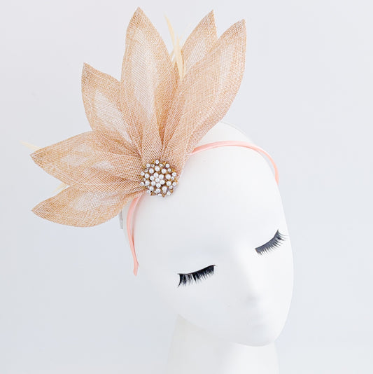 Beige peach feather petal fan fascinator hat