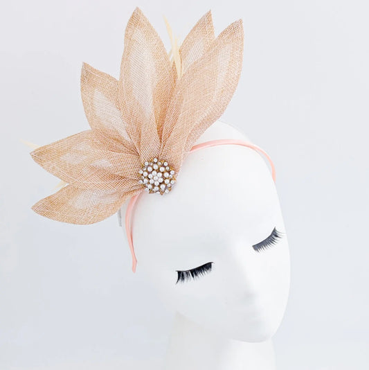 Beige peach feather petal fan fascinator hat House of Hats