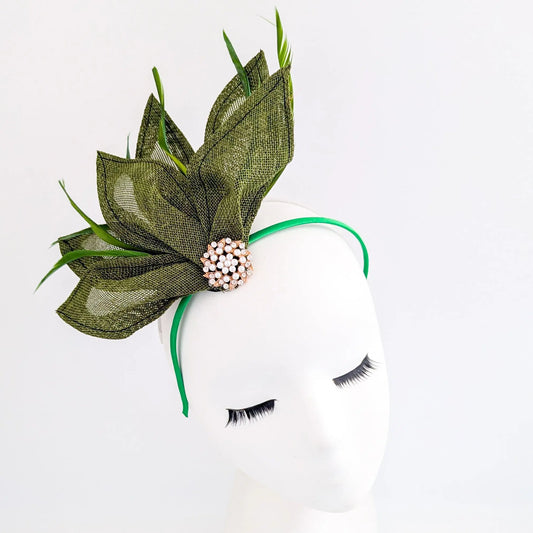 Moss green feather petal fan fascinator hat House of Hats