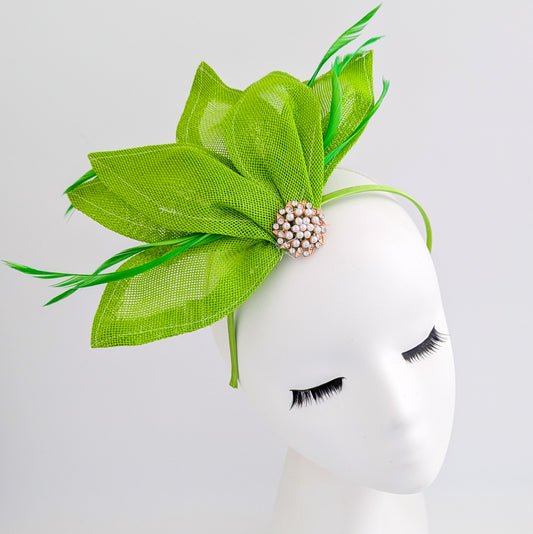 Matcha lime green feather petal fan fascinator hat