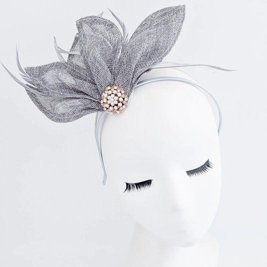 Grey feather petal fan fascinator hat House of Hats