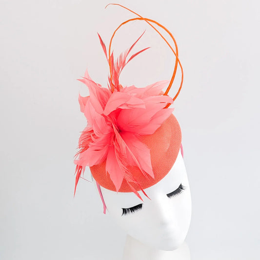 Coral orange feather fascinator hat House of Hats