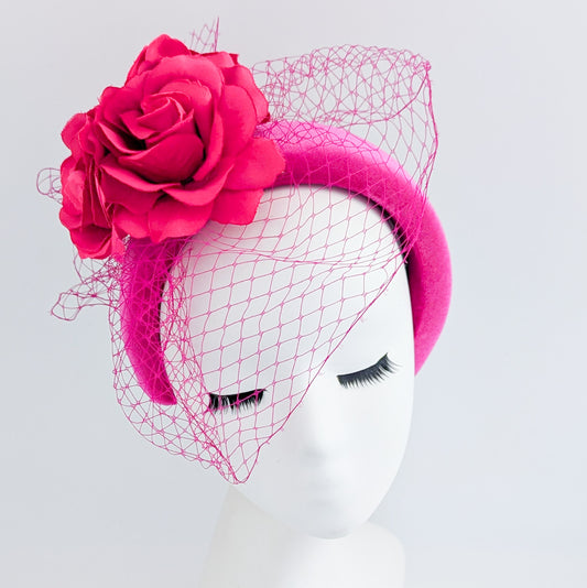 Hot pink flower padded velvet headband fascinator