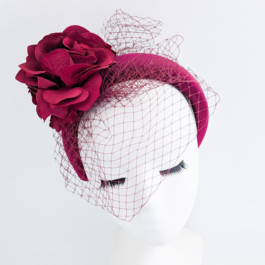 Burgundy flower padded velvet headband fascinator