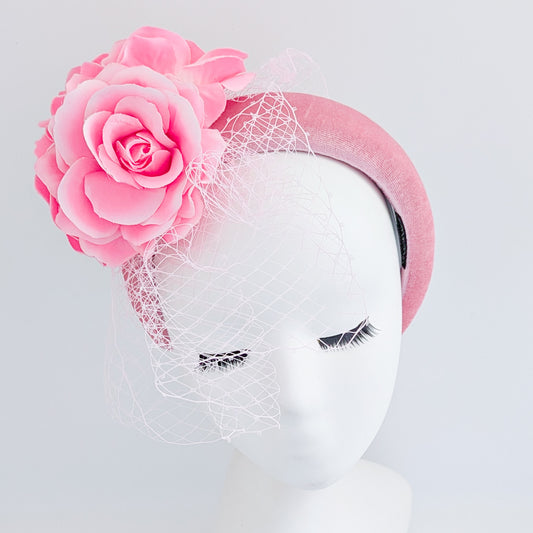 Light pink flower padded velvet headband fascinator