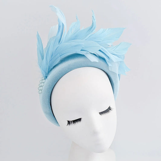 Light cornflower blue feather padded velvet headband fascinator House of Hats