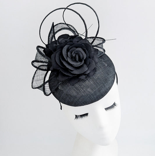 Black flower fascinator hat