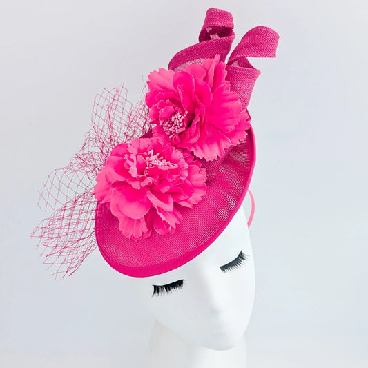 Fuchsia pink flower fascinator disc saucer hat House of Hats