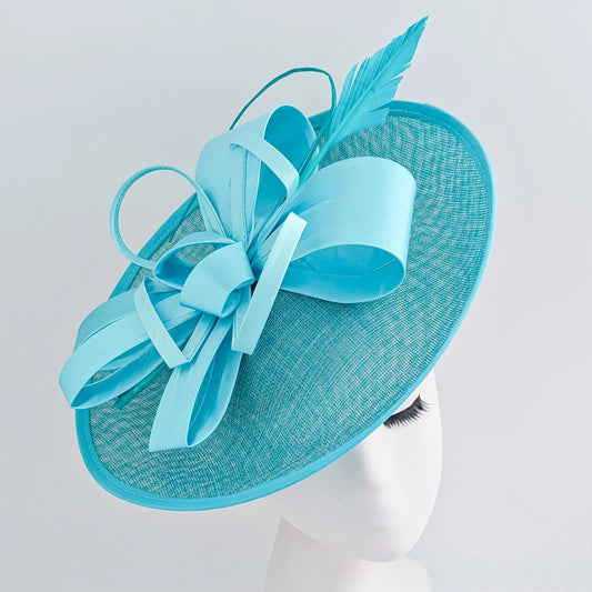 Aqua sky blue feather large saucer disc fascinator hat House of Hats