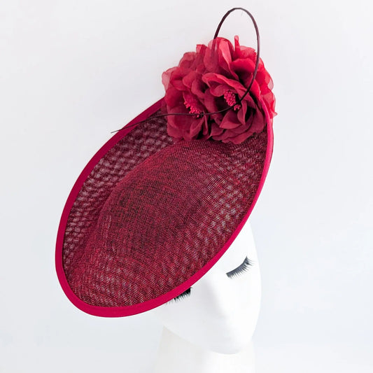 Burgundy large flower saucer disc fascinator hat House of Hats