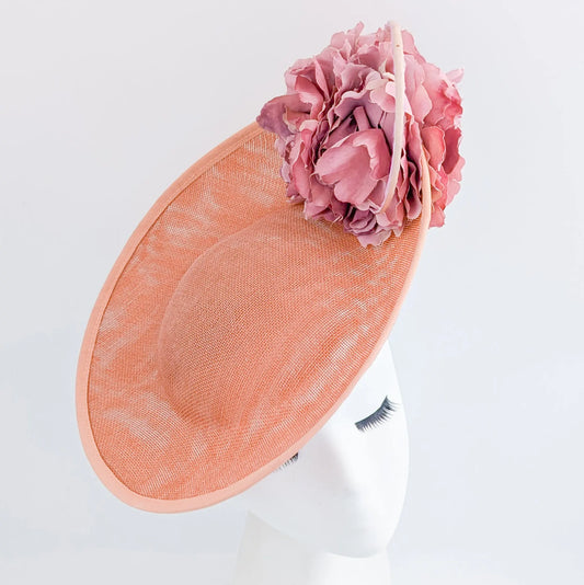 Terracotta dusty pink large flower saucer disc fascinator hat House of Hats