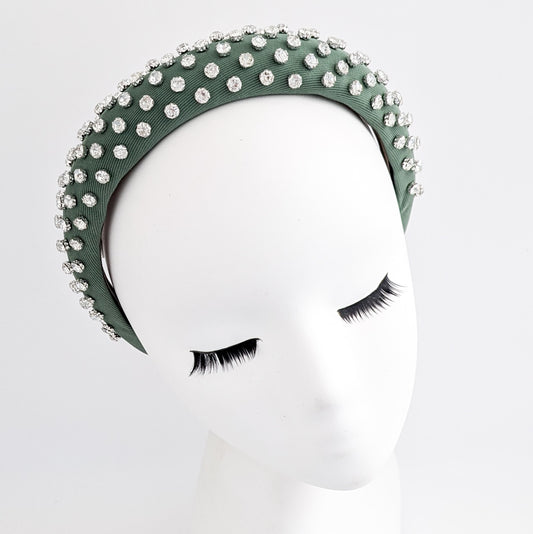 Dark sage green crystal padded headband fascinator