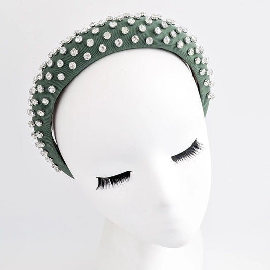 Dark sage green crystal padded headband fascinator House of Hats