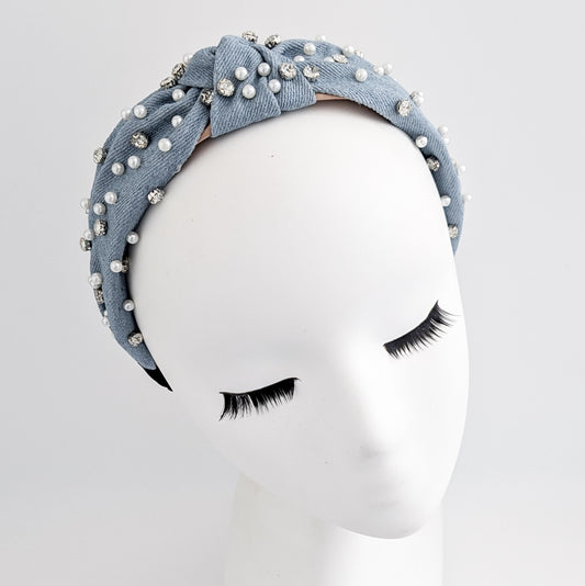 Light denim crystal pearl knot headband fascinator