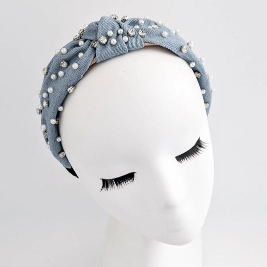 Light denim crystal pearl knot headband fascinator House of Hats