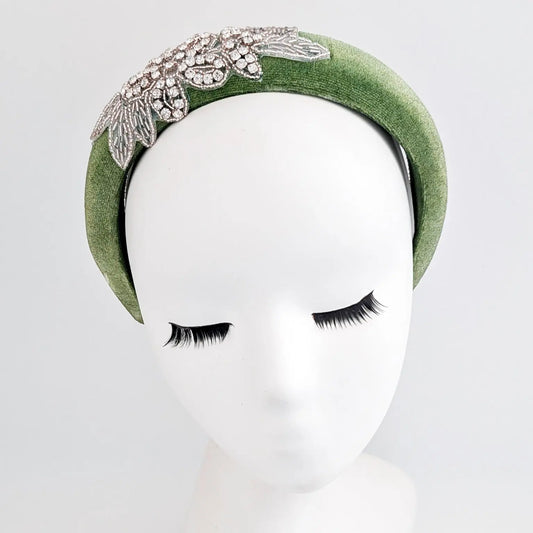Sage green crystal padded velvet headband fascinator House of Hats