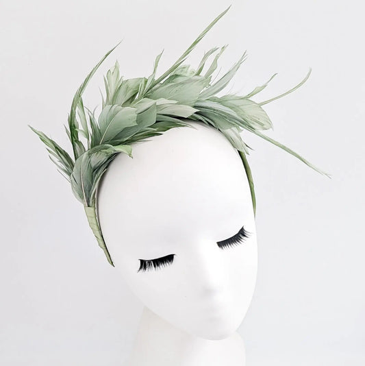 Sage green feather satin headband fascinator House of Hats