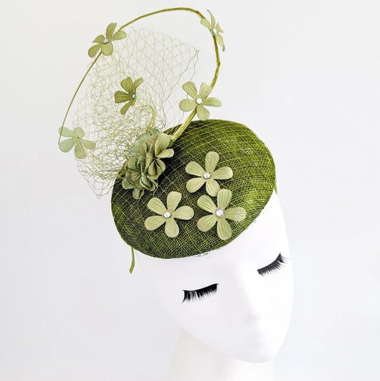 Olive green flower fascinator hat House of Hats