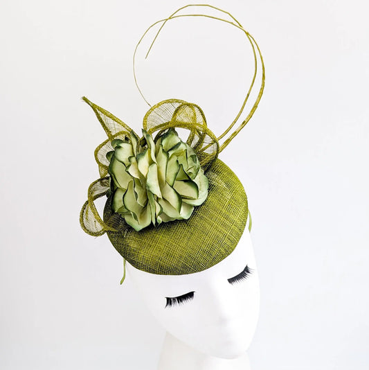 Olive green flower fascinator hat House of Hats