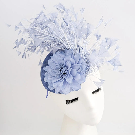 Light dusty purple flower feather fascinator hat House of Hats