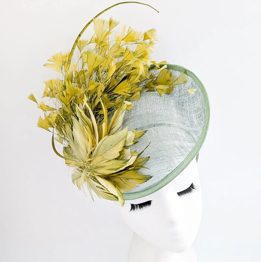 Chartreuse green feather disc fascinator hat House of Hats