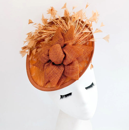 Burnt orange feather disc fascinator hat House of Hats