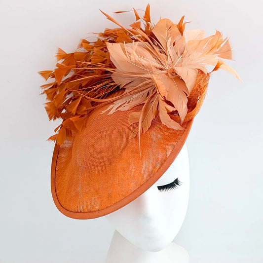 Terracotta dusty orange large feather disc fascinator hat House of Hats