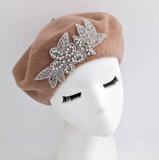 Camel brown crystal wool felt french beret hat House of Hats