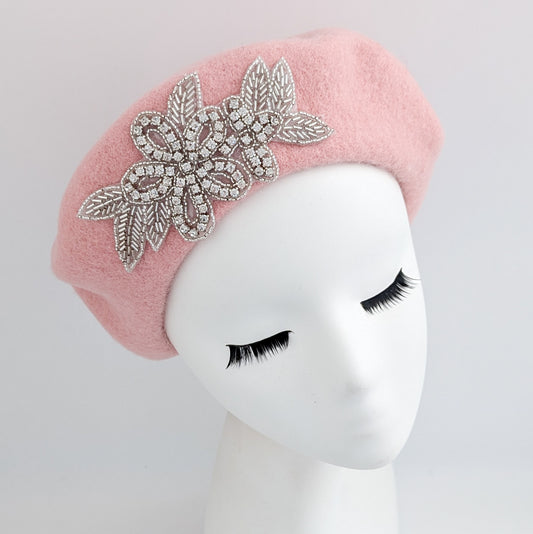 Light pink crystal wool felt french beret hat