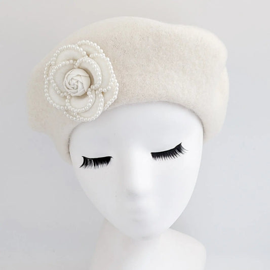 Cream pearl flower wool felt french beret hat House of Hats