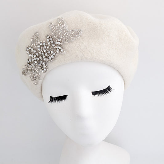 Cream crystal wool felt french beret hat