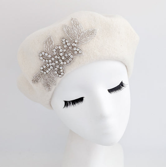 Cream crystal wool felt french beret hat