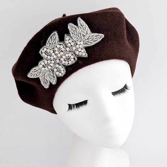 Chocolate brown crystal wool felt french beret hat