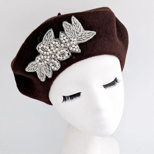 Chocolate brown crystal wool felt french beret hat House of Hats