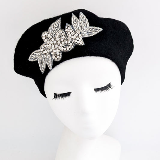 Black crystal wool felt french beret hat