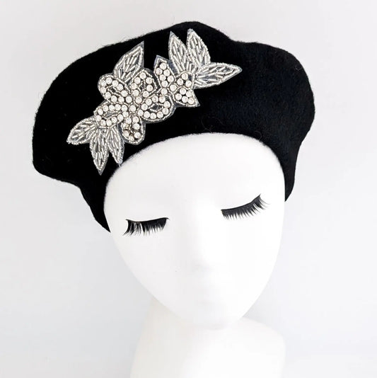 Black crystal wool felt french beret hat House of Hats