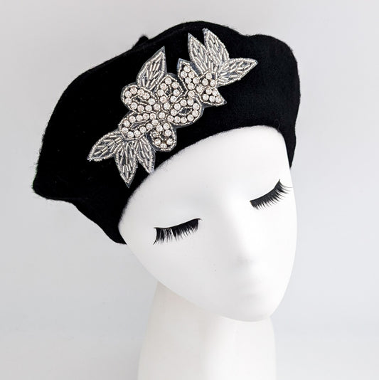 Black crystal wool felt french beret hat