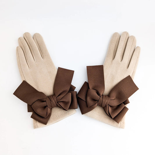 Beige brown bow soft winter touch screen gloves House of Hats