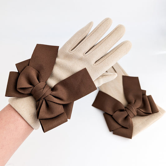 Beige brown bow soft winter touch screen gloves