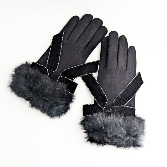 Black faux fur bow soft winter touch screen gloves