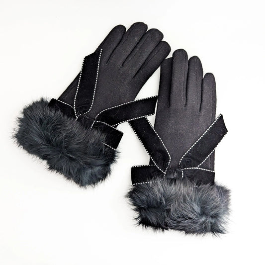Black faux fur bow soft winter touch screen gloves House of Hats