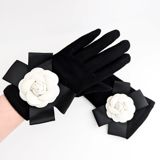 Black white camelia flower bow soft winter touch screen gloves House of Hats