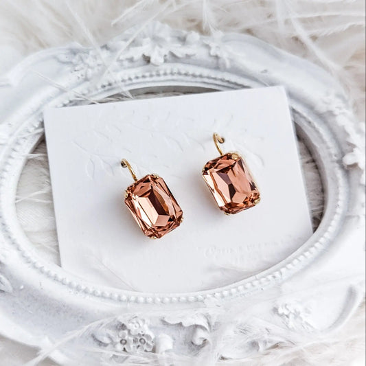 Light peach crystal gold emerald cut drop earrings House of Hats