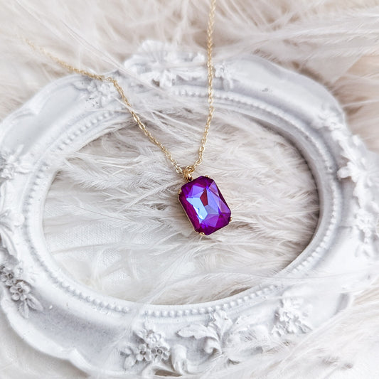 Frosted fuchsia pink crystal gold emerald cut necklace