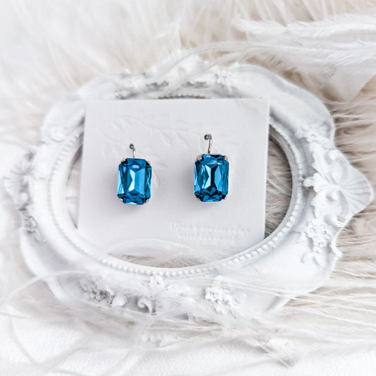 Aqua blue crystal silver emerald cut drop earrings House of Hats