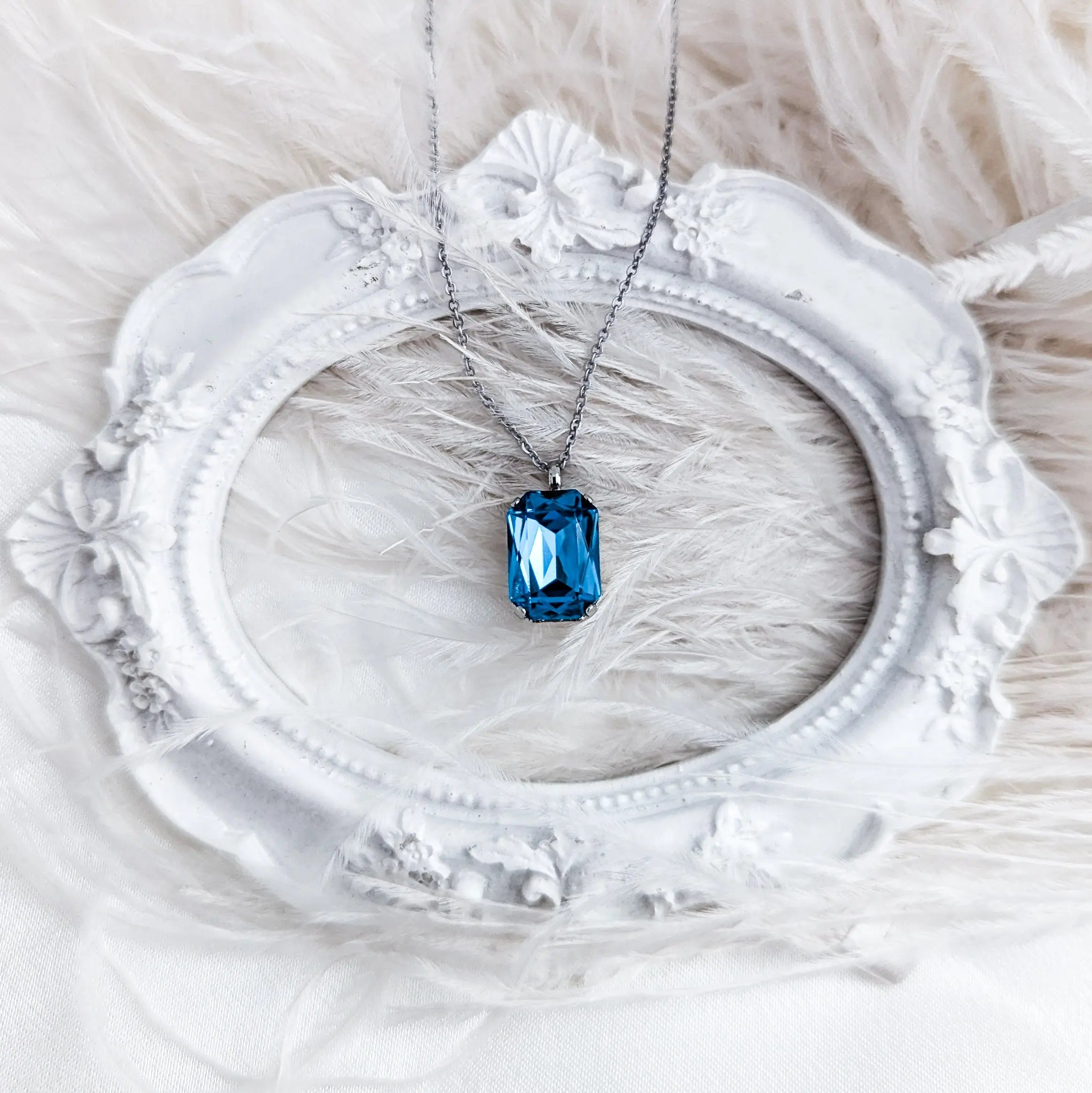 Aqua blue crystal silver emerald cut necklace House of Hats
